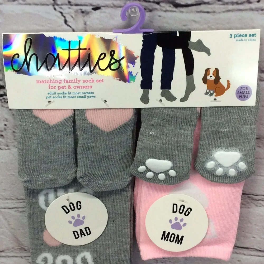 Chatties Matching Sock Set Family Pet & Owner Small Pups Dad Mom Cozy Pink/Gray